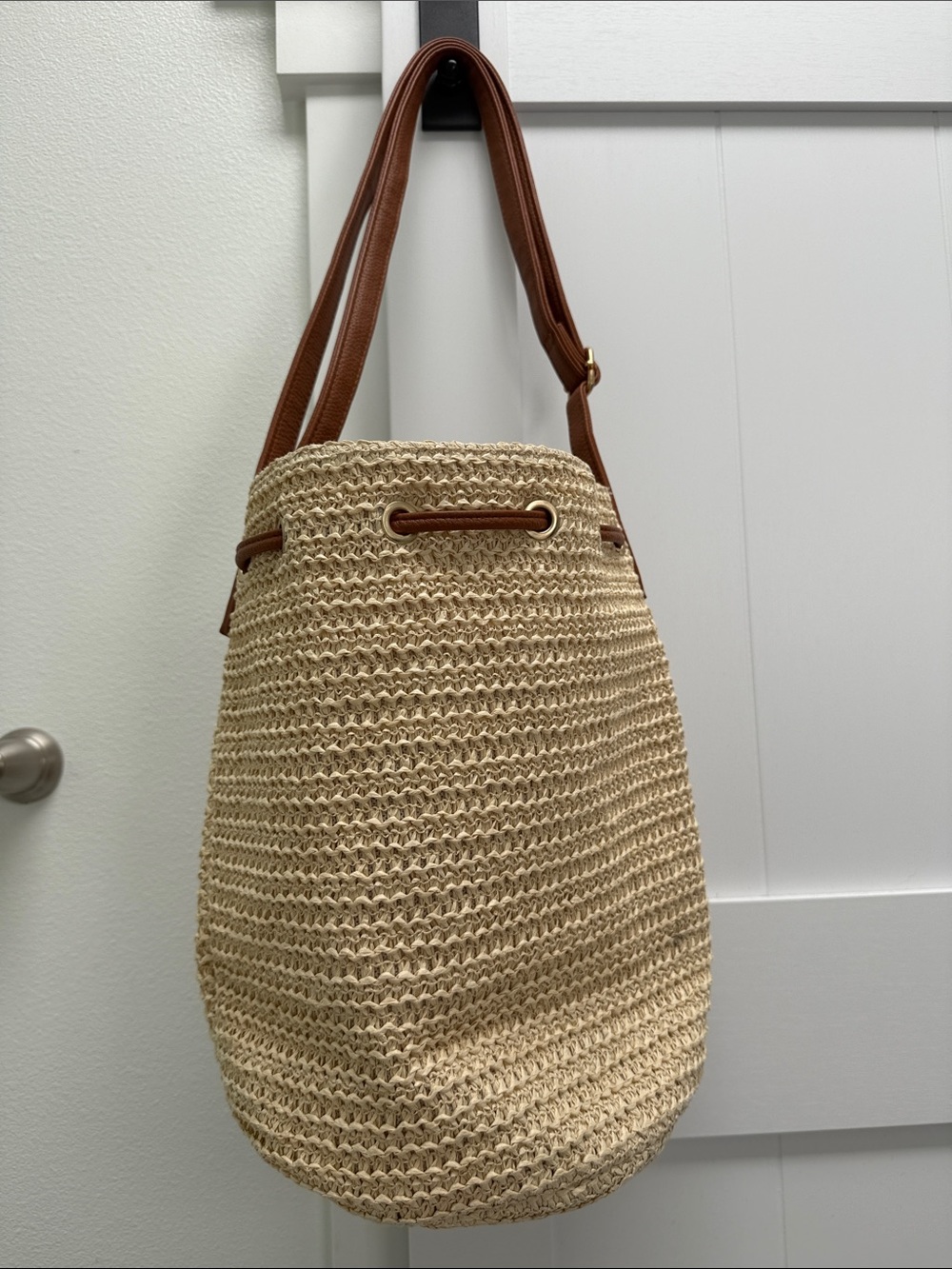 Montce Swim Ali Bucket Bag Cream Straw Brown Leather Boho Crossbody - Picture 3 of 10
